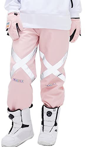 Caige Damen Skihose Wasser- und Wind verdickte Warm Snow Pants mit Reflexstreifen,Rosa,L