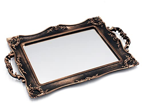 Tstarer Antique Decorative Gold Framed Square Mirror Tray, Jewelry & Cosmetics Organizer for Dresser, Square - 9.5 W x 14.5 L (Bronze)