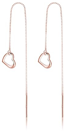 Reffeer Solide 925 Sterling Silber Liebe Herz Einfädler Ohrringe Quaste Kette für Frauen Herz Baumeln Ohrringe Lange Tropfen (C-Roségold)