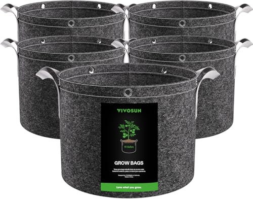 VIVOSUN Pflanzsack 5er-Pack 40 L, Stofftopf aus Vliesstoff mit 500 g/m² Stärke, mit Tragegriffen und Mehrzweckringen, Ideal für LST, Obst, Gemüse und Blumen