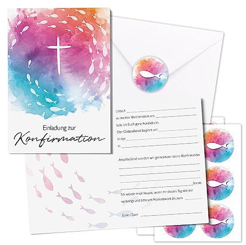younikat 15er Set Konfirmationskarten - DIN A6 mit 15 Umschlägen und 18 Aufklebern - Elegant Klappkarten zum Ausfüllen Einladungskarte I dv1176