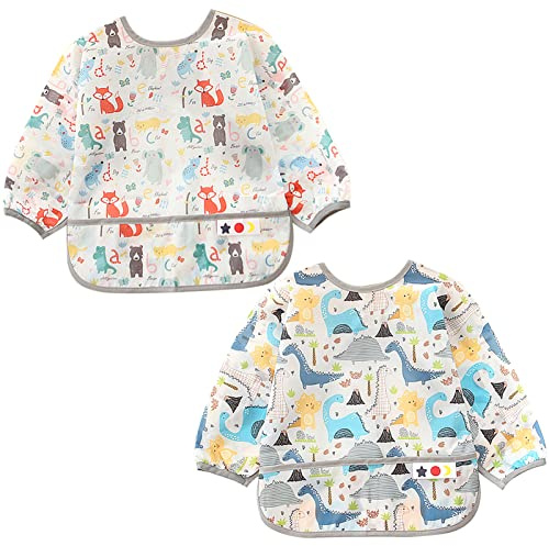 2 Pack Baby Long Sleeved Bibs, Waterproof Baby Smock Drool Bibs With Sleeves Toddlers Wipe Clean Coveralls Weaning Bib Aprons Comics Art Bibs with Pocket for Boy Girl Eating Painting 6-24 Months