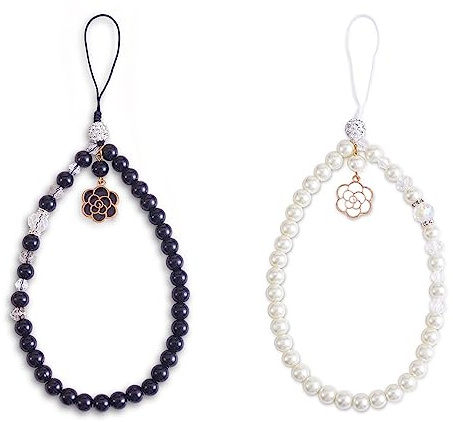 BEEFLYING 2pcs Bracelet de poignet avec cordon et perles de verre pour téléphone portable étui de téléphone à la mode, porte-clés, décoration portefeuille et pendentif pour femmes et filles.