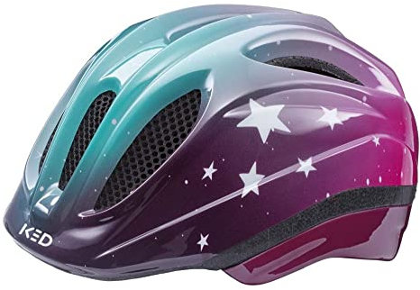 KED Meggy II Trend | Kinder Fahrradhelm Insektenschutznetz Integriertes LED-Rücklicht maxSHELL Technologie, Stars Pink Aqua, 49-53 (SM)