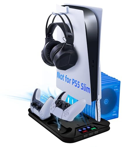 Mcbazel PS5 Kühlung ladestation PS 5 ständer vertikal Kühlständer Headset-Halterung LED-Anzeige Disc-Aufbewahrungsschlitzen PS 5 UHD/Digital Edition-Schwarz(Nicht PS5 Slim/Pro)