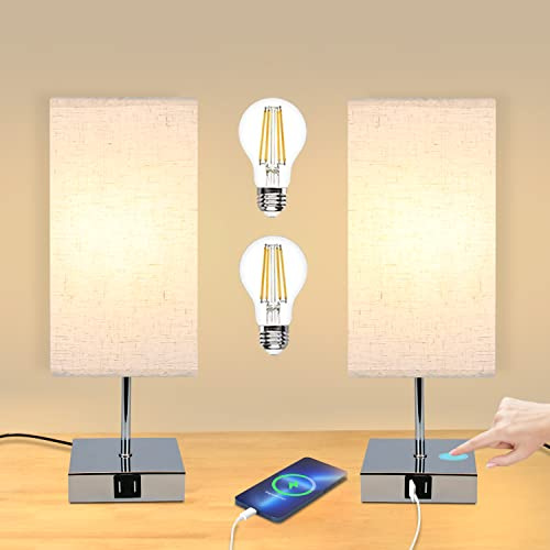 GBLY 2er set Nachttischlampe Touch Modern Dimmbar Tischlampe mit USB | Anschlüsse Schlafzimmer Nachttisch Lampe mit Ladefunktion Bettlampe mit Stoffschirm Tischleuchte E27 für Hotel Bett Büro Flur