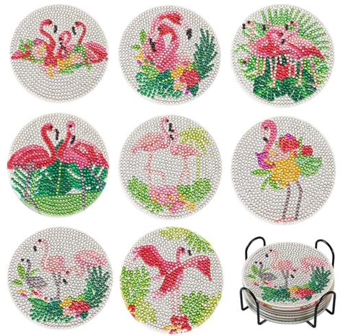 Beadthoven 8 st flamingo diamantmålning underlägg 5D gör-det-själv diamant konst kopp matta kit med verktyg för gör-det-själv kopp drycker underlägg skrivbordsdekorationer