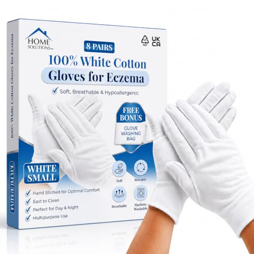 Home Solutions White Cotton Gloves for Eczema & Dry Hands, 8 Pairs (Small) | very dry hands overnight sleeping liner soft breathable sensitive skin hand care reusable washable protective skincare