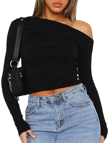 EMOTTOS Women One Shoulder Basic T Shirts Crop Tops, Sexy Y2K Ruched T-Shirt, Stretchy Slim Fit Crewneck Shirts, Fashion Long Sleeve Skinny Tee Shirt for Club Party, Black, M