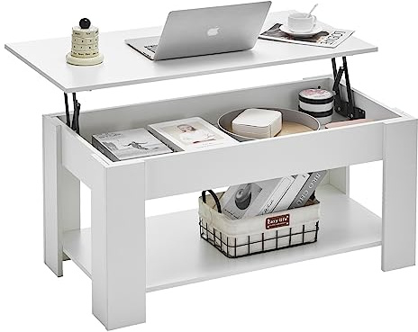 CLIPOP Couchtisch höhenverstellbar, ausziehbar, 43–55 cm, weiß | Holzplatte, offenes & verstecktes Fach, 100×50 cm, für Wohnzimmer, modernes Design, vielseitig