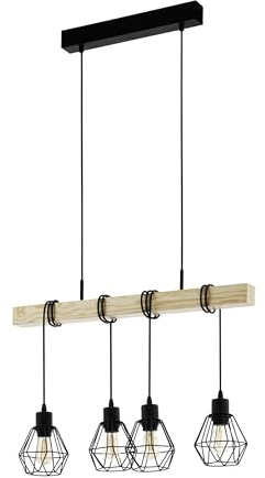 EGLO Pendellampe Townshend 5 4 flammige Vintage | Pendelleuchte im Industrial Design, Retro Hängelampe aus Stahl und Holz, Farbe Schwarz, braun, FSC zertifiziert, E27