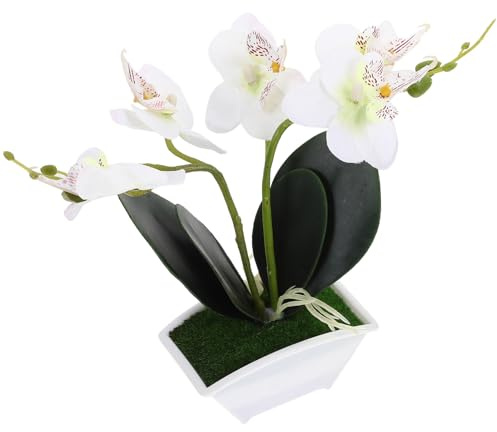 POPETPOP Artificial Orchid Flowers Mini Potted: Artificial Orchid in Pot Faux Orchid in Ceramic Vase Fake Flowers Arrangement Centerpiece Table Decorations for Home Office White