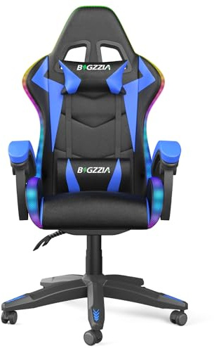 bigzzia RGB Gaming Chair with LED Lights and Ergonomic Computer Chair Reclining PU Leather High Back Video Game Chair (With RGB, Black/Blue)