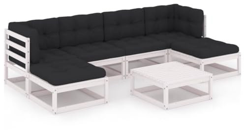 KTHLBRH 7-TLG. Garten-Lounge-Set mit Kissen Weiß Massivholz Kiefer Terrassenmöbel-Sets Outdoor-Möbel-Sets Gartenmöbel-Sets für Gärten, Terrassen und Balkone