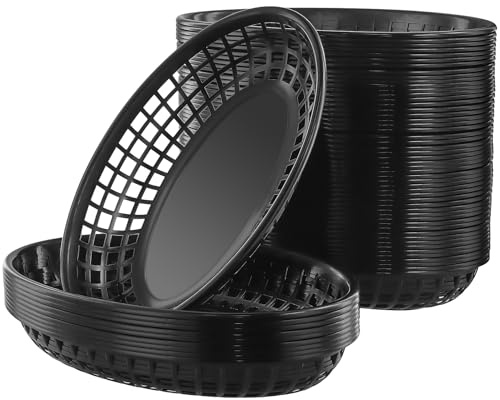 MOUYAT 60 PCS Oval Plastic Food Baskets, Reusable Fast Food Baskets for Serving, Chip Basket for Fries, Hot Dogs, Kitchen, Restaurant, Picnics, 23 x 14.5 x 4 cm