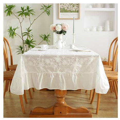 Epinki Tischtuch, Weiß Tischdecken Gestickt Blumen mit Rüschensaum Baumwolle, Biertisch Tischdecke Hochzeit Garten Zimmer Tischdekoration für Wohnzimmer, Esszimmer, Balkon, Garten, 140x140CM