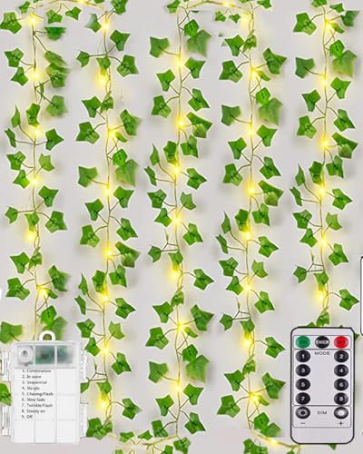 Joysing Vines with Fairy Lights 10M 100 LED Ivy Fairy Lights Battery Operated with Remote, 8 Modes Artificial Ivy Garland Waterproof Christmas Lights Leaf Lights for Bedroom Wall Garden Decorations