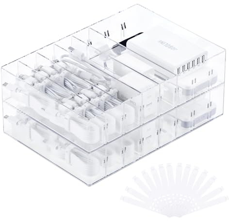 FRETONBA 2Pcs Cable Charger Organizer Box, Large Cords Storage Organizer with Adjustable Compartments and Wire Ties, Stackable Cord Organizer for Drawer - Clear