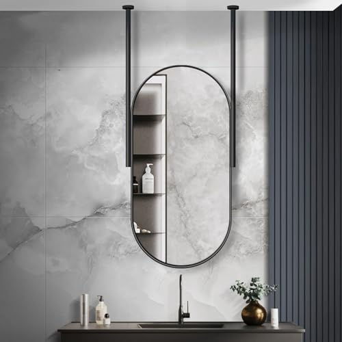 Gaommini Wandspiegel mit schwarzem Metallrahmen, an der Decke montierter Spiegel für Schminktisch und Badezimmer, ovaler Spiegel, Deckenspiegel mit Stange, dekorativer Glasspiegel(B,50cmx60cm)