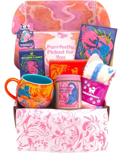 Milk & Whiskers Luxury Cat Gifts for Women | Hand-Illustrated Cat Gift Box with Cute Cat Mug, Candle & Fluffy Socks | Presents for Cat Lovers, Cat Lover Gift, Cat Mugs for Cat Lovers