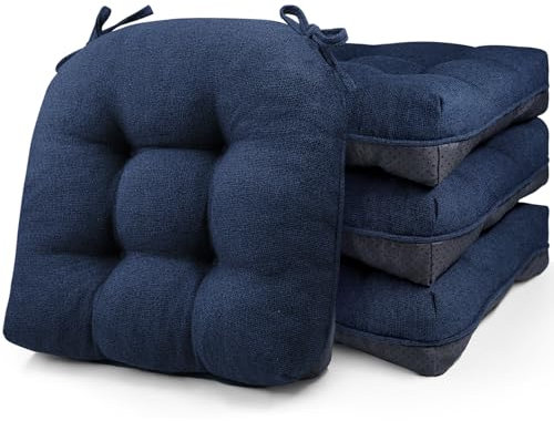 widesmile Chair Cushions for Dinning Chairs, Set of 4 Memory Foam Kitchen Chair Cushion with Ties and Non Slip Backing, Tufted Chair Cushions for Dining Room, 40cm x 40cm x 10cm, Blue
