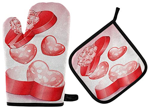 Ofenhandschuhe Rotes Herz Geschenkbox Liebe Grillhandschuhe Anti-Rutsch Topfhandschuhe Hitzeresistente Kochhandschuhe Für Grillen Kochen Barbecue