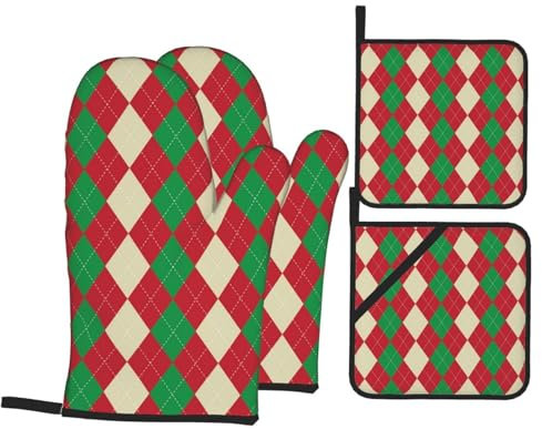 Ofenhandschuhe und Topflappen-Set, Weihnachten, grün, rot, kariert, hitzebeständig, Küchen-Backhandschuhe, rutschfeste Oberfläche zum Kochen, Backen, Grillen, Grillen
