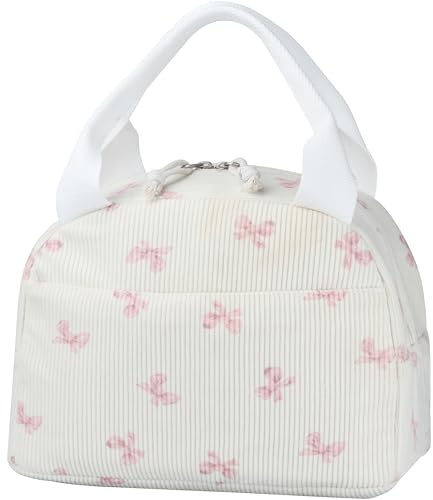 TESAFNG Lonchera aislada para mujer, reutilizable, de gran capacidad, para adultos, pequeña, a prueba de fugas, bonita bolsa de almuerzo de pana para el trabajo, oficina, viajes, picnic (lazo rosa)