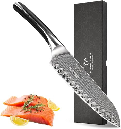 NANFANG BROTHERS Damascus Chef Knife，Stainless Steel Ultra Sharp Damascus Knife, Kitchen Knife with Deluxe Wood Handle (Santoku Knife 7 Inch)