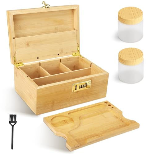 Wesditly Boîte Grande en Bambou avec serrure à combinaison, Boîte Décorative avec Plateau Roulant Bocaux de Rangement en Verre Brosse et outil d'accessoire, Boîte de Rangement pour maison (Holzfarbe)