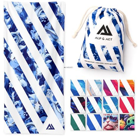 ALP & ACT Toalla de Playa XXL 200x90 cm - Microfibra 100% reciclada - Ultraligera y de Secado rápido - Toalla Grande para Vacaciones, Piscina y Playa - Paño Compacto - Azul Multicolor