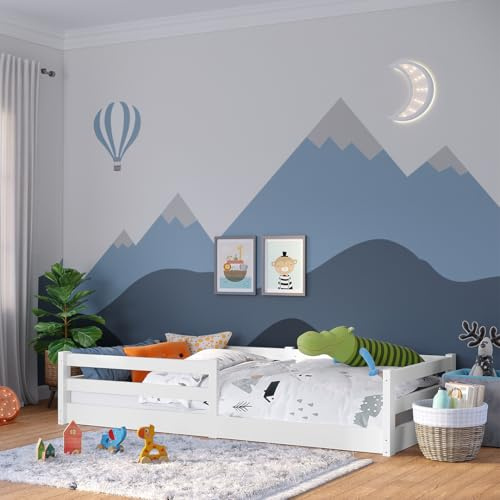 Bellabino Iskri Montessori Bodenbett 90x200 cm, Weiß, mit Rausfallschutz | Kinderbett mit Lattenrost, Holzbett aus Kiefer Massivholz, für Jungen & Mädchen, Kleinkindbett, Jugendbett, Kinderzimmer