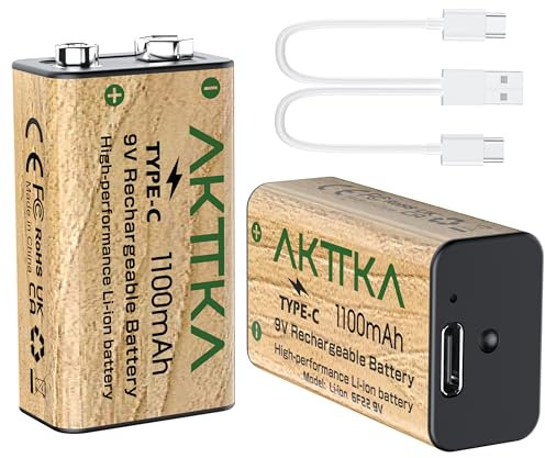 AKTTKA 2 Batterie Ricaricabili 9V USB-C 1100mAh, 6F22 ad Alte Prestazioni, Carica Rapida, Ideali per Chitarre Elettriche, Rilevatori di Fumo, Microfoni Wireless e Piccole Illuminazioni a LED