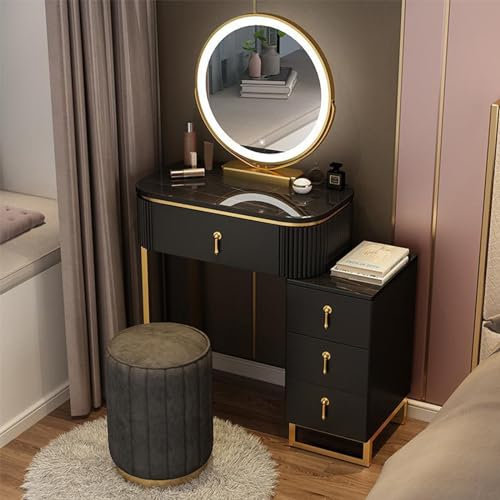 Moderner Make-up-Schreibtisch mit Spiegel und Lichtern, Schminktisch-Set mit 4 Schubladen, eleganter Schminktisch und Hocker für Damen- und Mädchenzimmer (70 cm, Espresso)