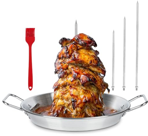 BBQ Vertical Skewer Pan Stainless Steel Gyro Spit Shawarma Stand for oven, Al Pastor Skewer for Grill, El Pastor Hack for Tacos Al Pastor Chicken, Brazilian, with 8,10,12 stick