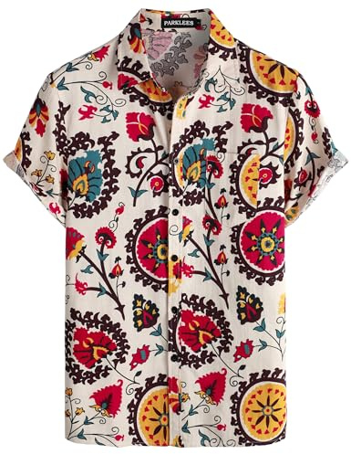 PARKLEES Men's Linen 70s Hippie Style Floral Print Shirt Short Sleeve Button Down Hawaiian Shirts Beige White Large
