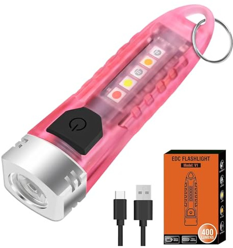 LIAISIMI Mini torcia 400 lumen, torcia a LED ricaricabile con luce laterale, 12 modalità con luce laterale UV, rosso, blu, giallo, IPX6 (1 confezione di polvere trasparente)