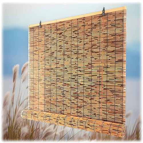 Bambusrollo Aussenbereich Wetterfest Balkon Bambus Rollo Jalousine Ohne Bohren Sichtschutz Retro Schilf Vorhang Mit Lifter Winddicht Raffrollos 60 70 80 90 100 110 120 140 160 180cm Breite(Braun)
