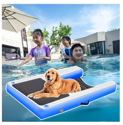 MZZKFC Inflatable Dog Dock Floating Platform, Portable & Reusable Dog Ramp for Above Ground Swimming Pool, Foldable Dog Floating Ladder Load 105kg, Black Blue Green Red Yellow(Blue)