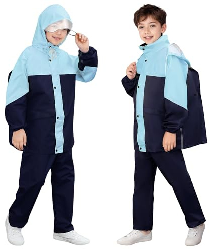 FILOWA Kids Waterproof Suit Boys Lightweight Waterproof Jacket and Trousers Set Raincoat Suit Hooded Rain Coat Pants with Reflective Strips Breathable Trekking Rainwear for Teenager 11-12 Years, Blue