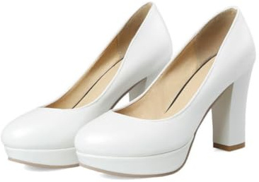 Zapatos de Boda de tacón Grueso para Mujer con Punta Redonda Tacones de Novia sin Cordones Zapatos de Oficina de Trabajo con Plataforma,Blanca,45 EU