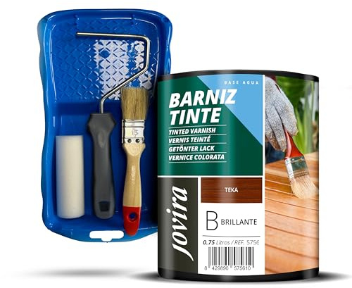 JOVIRA PINTURAS Barniz Tinte Brillante al agua y Minicubeta, Rodillo Espuma, Varilla y Paletina. (750 Mililitros, Teka + Minikit Barniz Tinte)