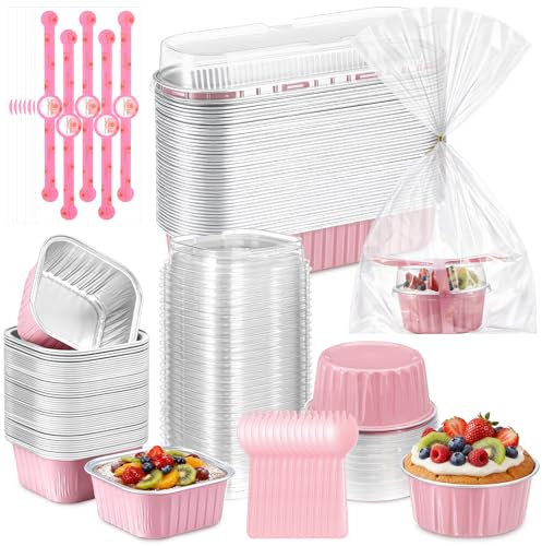 Yiyiring 150 Set Pink Mini Cake Pans with Lids, 6.8oz & 5oz Aluminum Foil Baking Cups Set, Rectangular Square Round Shapes for Brownies, Cheesecake, Muffins, Cupcakes, Party Dessert Making & Gifting