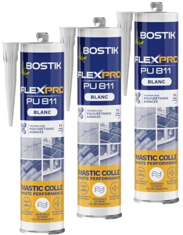 Bostik Mastic Colle Flexpro PU811 – Colle et Jointe Tous Matériaux – Multi-Usages – Intérieur/Extérieur et Milieux Humides – Formule Polyuréthane Haute Performance – Couleur : Blanc – 300 ml