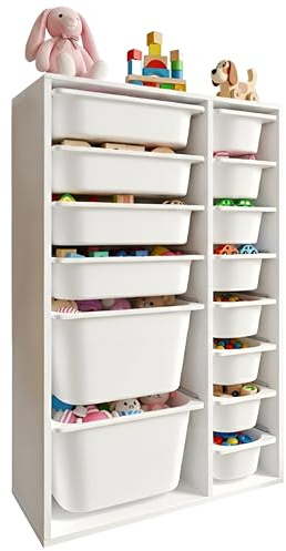 LEOKIDS Spielzeugaufbewahrung mit 14 Boxen – Kinderregal mit Spielzeugkisten für Kinderzimmer, Spielzeugschrank & Organizer, Weiß (14 Boxen, MDF)
