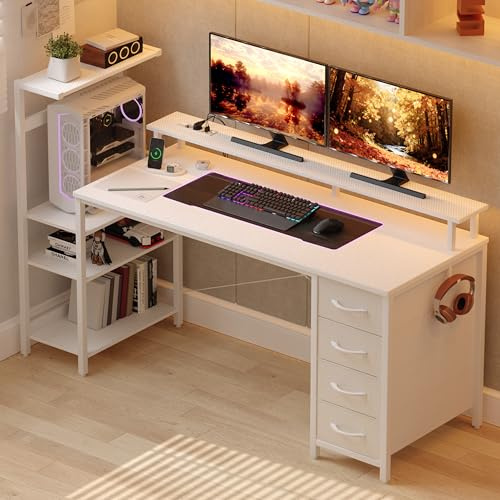 YOUDENOVA Mesa de Juegos con iluminación LED y Enchufe, 130 x 50 cm, Escritorio para Videojuegos, Mesa de Ordenador con cajones, Fibra de Carbono Blanco