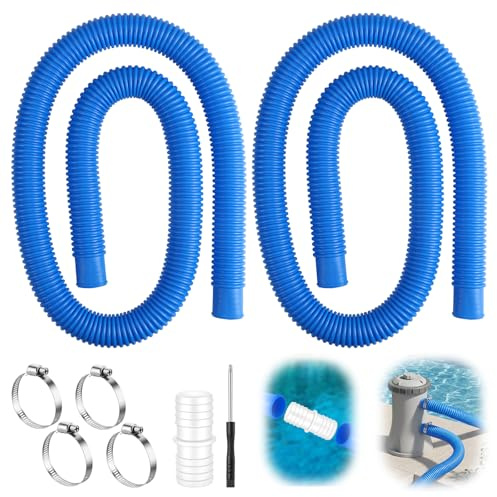 2PCS Swimming Pool Replacement Hose for Intex, Pool Hose 32mm, 1.5m, Blue | Sturdy & Leak-Resistant, Above Ground Pool Filter Pump Hoses, 4 Metal Clamps & 1 Hose Connector, for Intex 330 530 1000 GPH