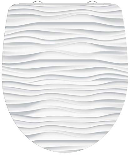 WC-Sitz - Toilettendeckel | Klodeckel mit Absenkautomatik & Schnellverschluss | Hochglanz Duroplast | Toilettensitz mit Muster (White Wave)