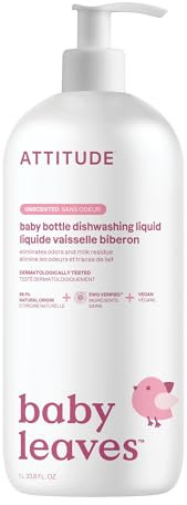 ATTITUDE Liquide Vaisselle et Nettoyant pour Biberons pour Bébé, EWG Verified, Sans Colorants ni Parfums Ajoutés, Efficace contre les Résidus de Lait et la Graisse, Végan, Sans Parfum, 1 L