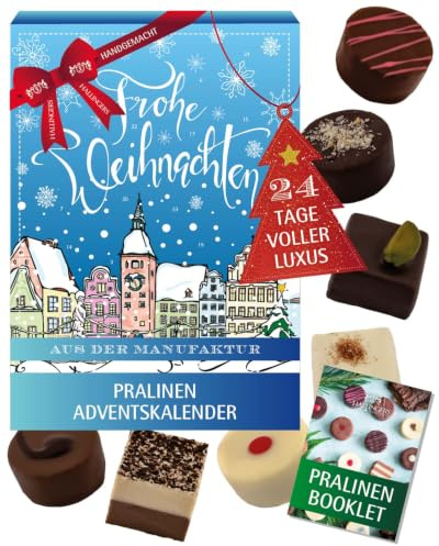 Hallingers Genuss Manufaktur Pralinen Adventskalender - ohne Alkohol, handmade aus Confiserie-Edelkakao in wertigem Softfeel-Karton Prächtige Altstadt, Weihnachtskalender für Frauen Männer